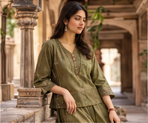 Olive embroidered cotton co-ord set