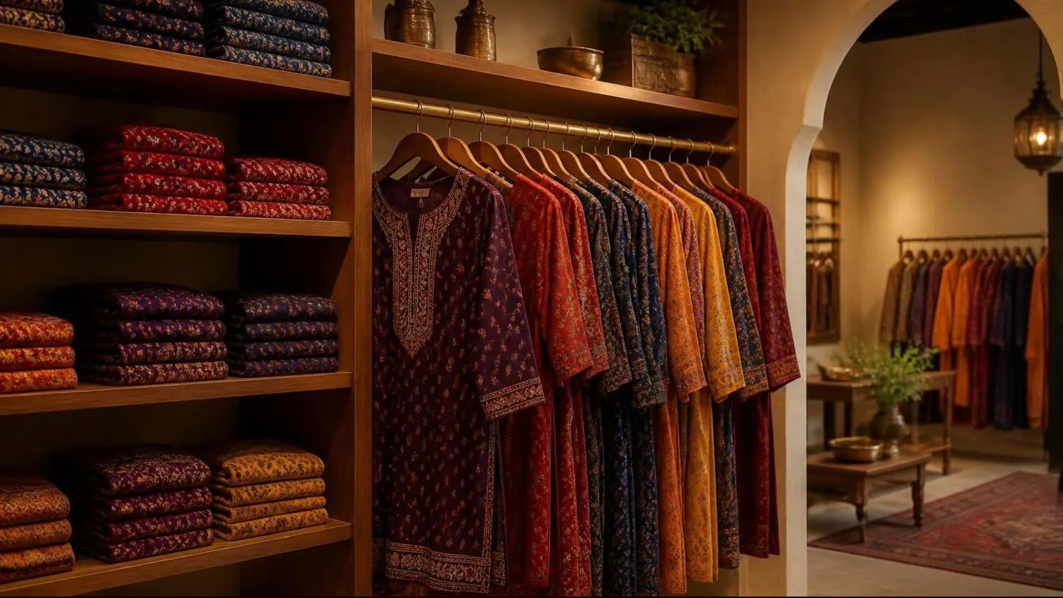 Racks of block-printed cotton kurtas and folded fabric in jewel tones at Maa Creation