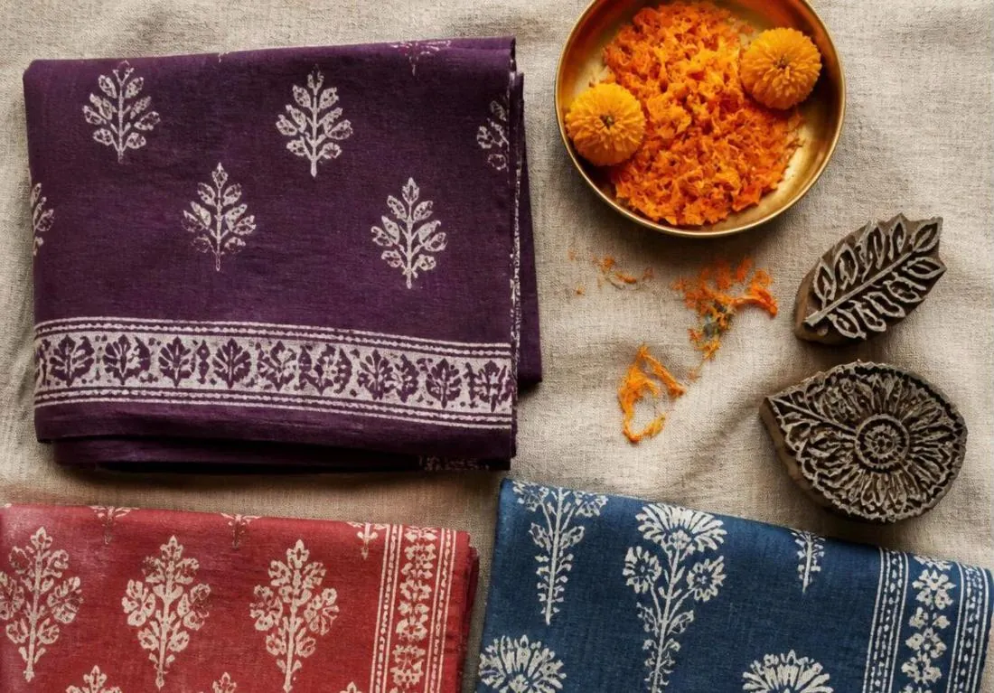 Folded block-printed cotton in indigo, madder and saffron