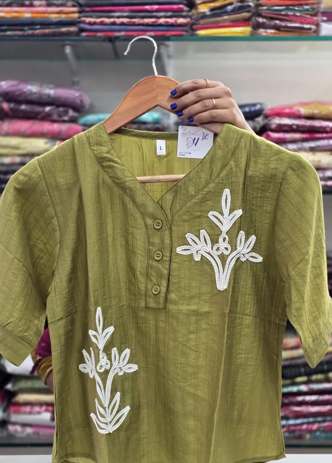 Olive cotton short kurti with white thread embroidery